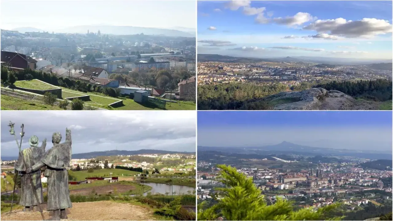 Vistas panorámicas de Santiago de Compostela desde el monte pedroso, con la ciudad extendiéndose entre colinas verdes y cielos cambiantes.