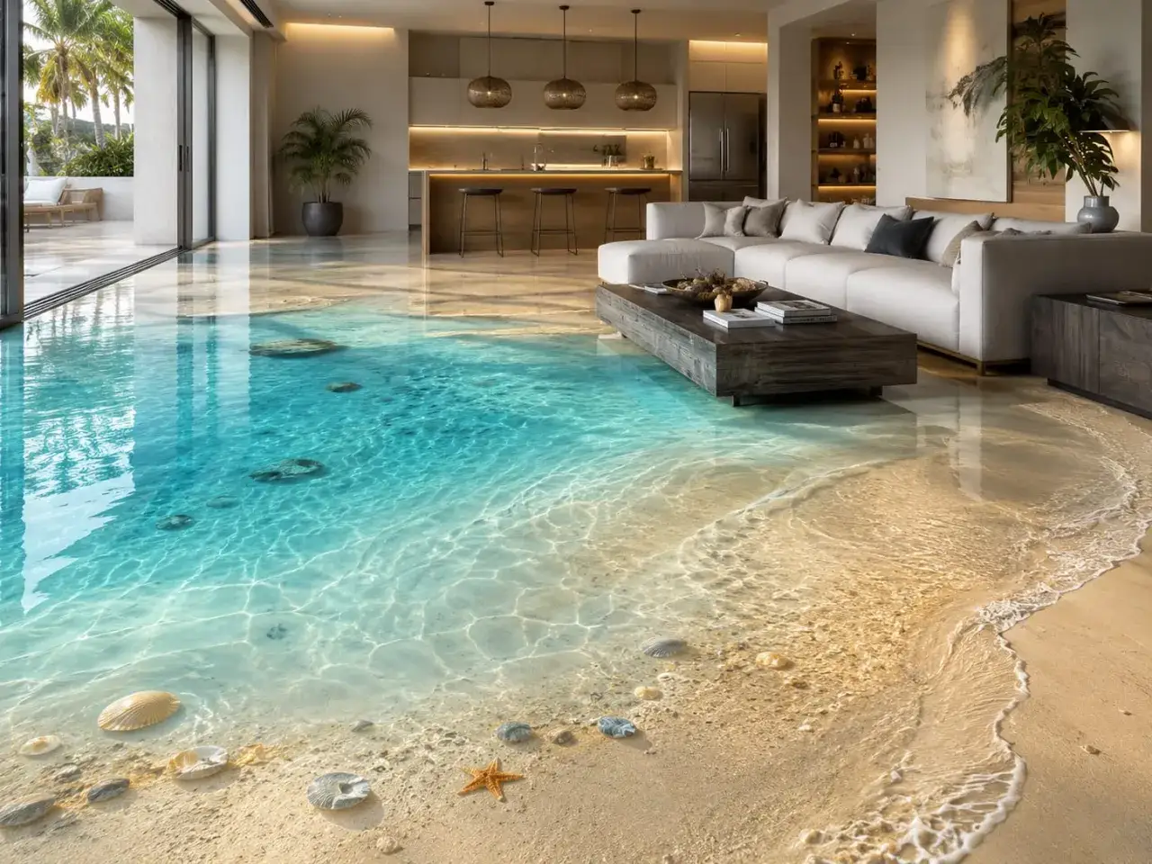 Impresionante sala con suelo de resina epóxica que simula una playa tropical. Los trabajos con resina epóxica crean un efecto 3D realista de agua cristalina y arena.