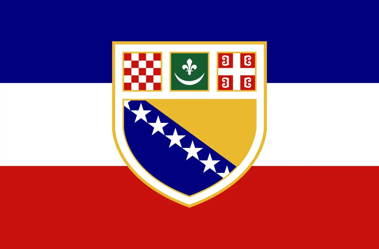 Flaga Bośni i Hercegowiny z herbem, który zawiera symbole Chorwacji, Serbii i muzułmanów.