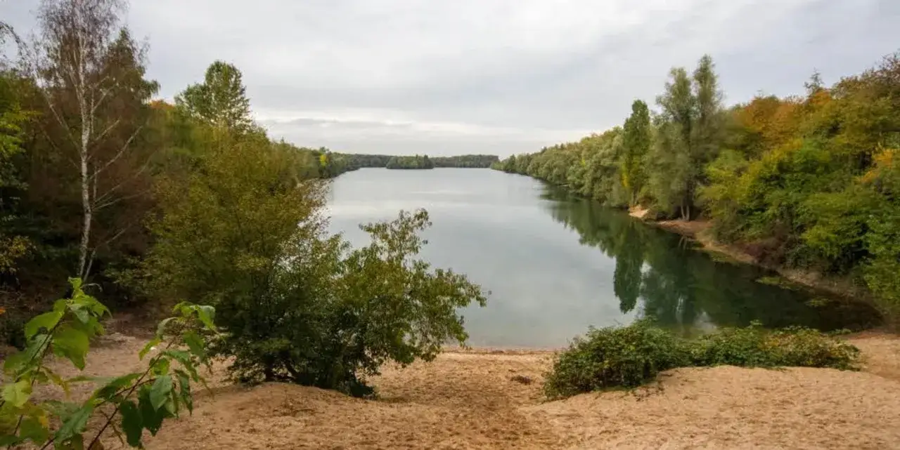 Herbstliche B&auml;ume s&auml;umen den Kiesgrubensee Gremberghoven. Sandiger Uferbereich l&auml;dt zum Verweilen ein.