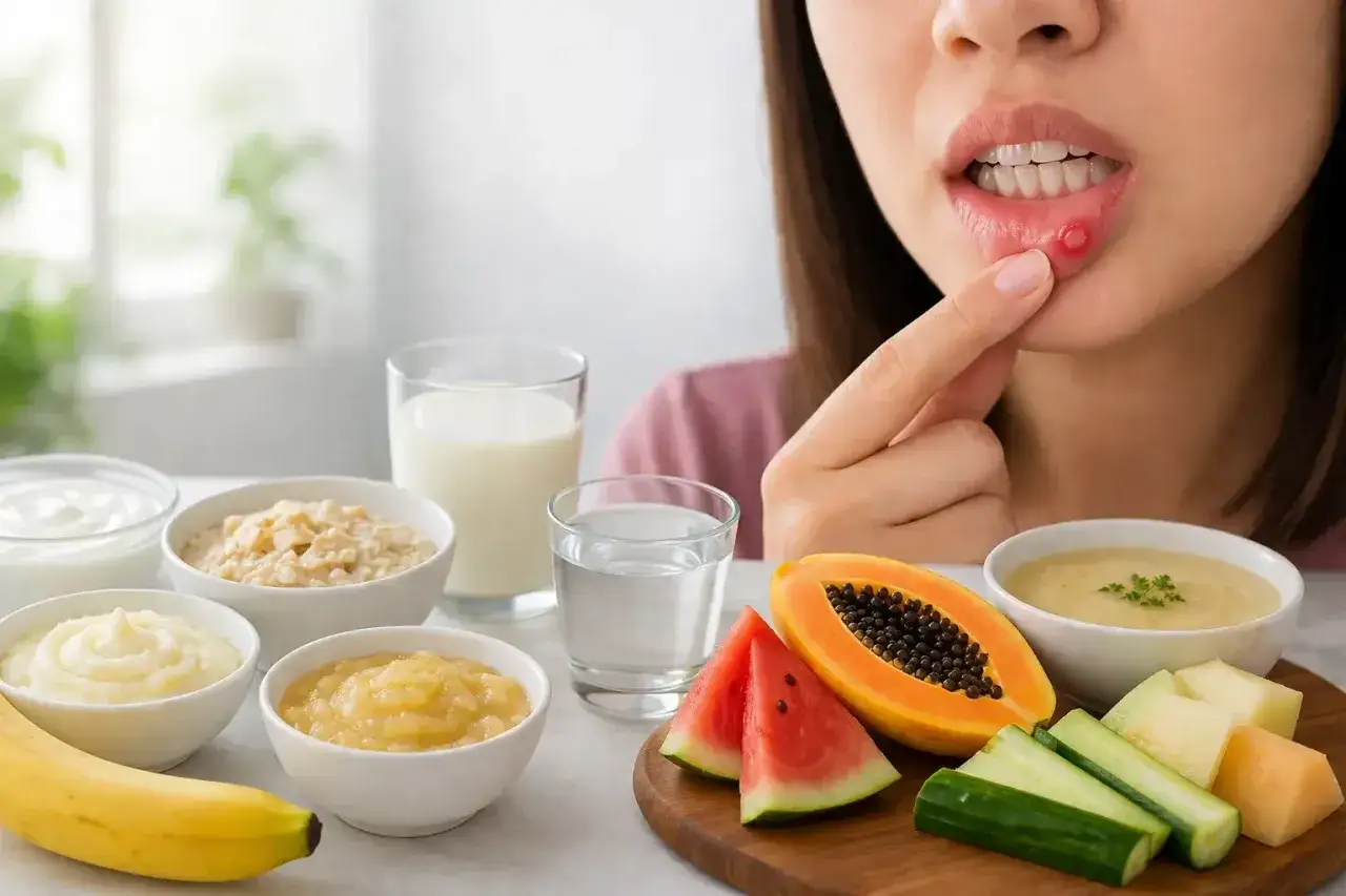 Kobieta z owrzodzeniem jamy ustnej dotyka wargi. Na stole jogurt, owsianka, banan, papaja, arbuz, melon i ogórek.