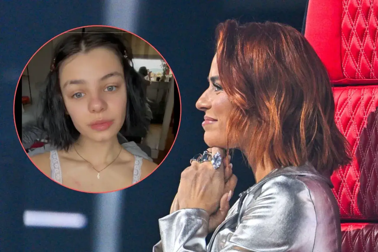 Natasza Urbańska córka, młoda dziewczyna z delikatnym naszyjnikiem, obok mamy w błyszczącej kurtce.