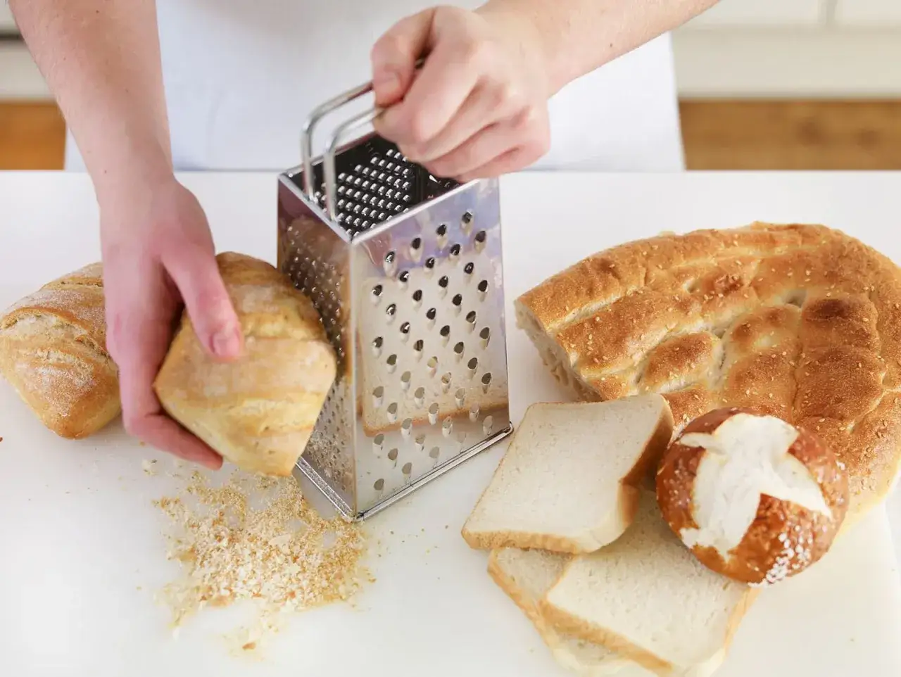 Hände reiben Brötchen zu Paniermehl. Verschiedene Brotsorten liegen bereit, um Paniermehl selber machen zu können.