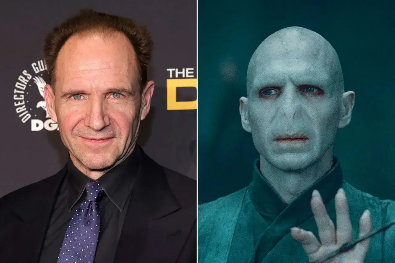 Ralph Fiennes jako Lord Voldemort. Aktor po lewej, po prawej jego przerażająca postać.