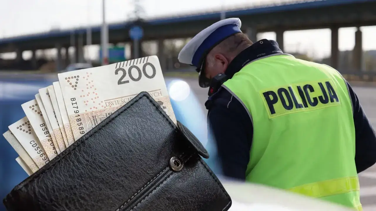 Portfel z pieniędzmi i policjant w kamizelce odblaskowej. Uposażenie funkcjonariusza budzi pytania.