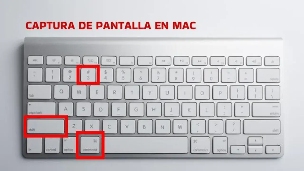 Teclado de Mac mostrando cómo hacer una captura de pantalla: presiona Shift + Command + 3.