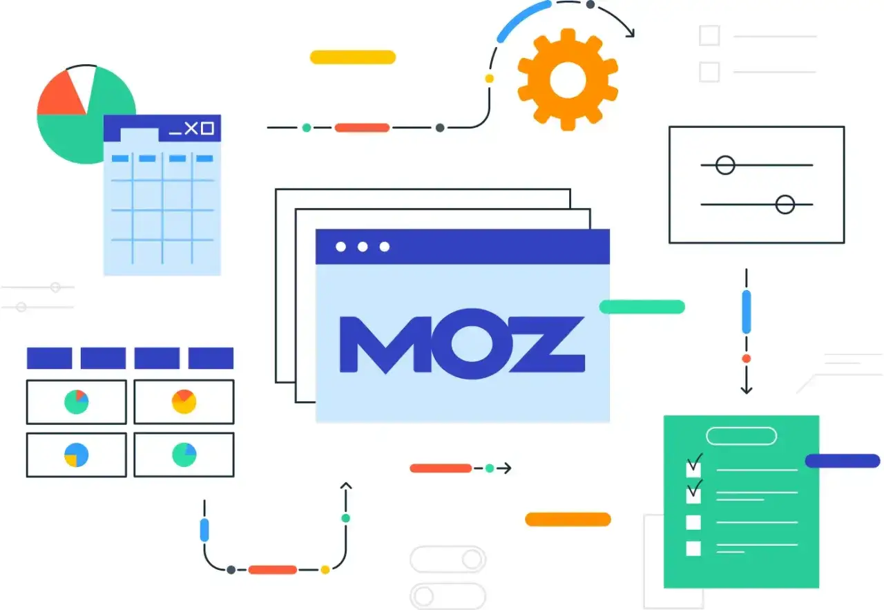 Diagramm mit MOZ-Logo, das die Analyse von Daten und die Verbesserung der moz domain authority zeigt.