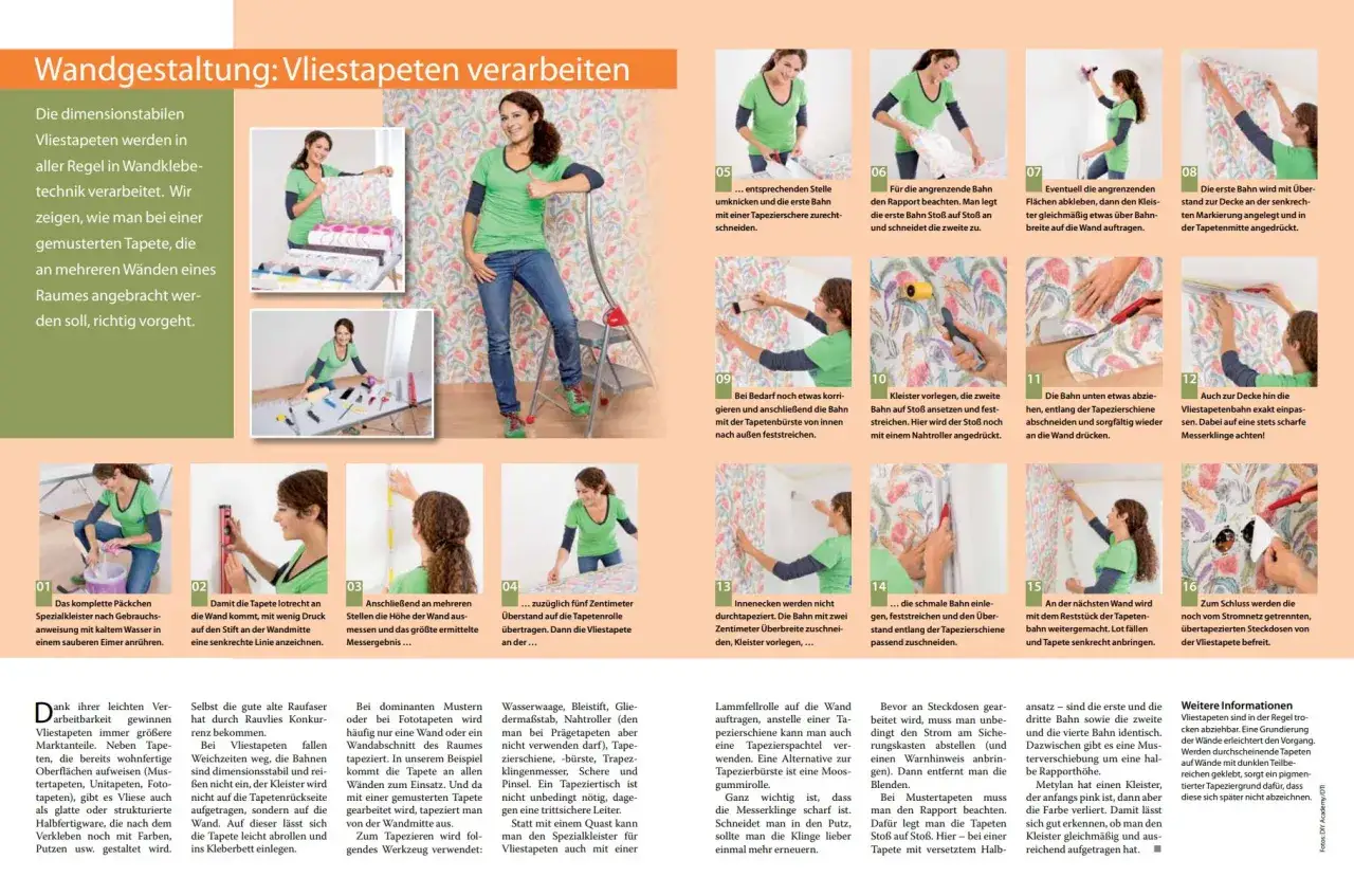 Vliestapete einkleistern: Anleitung zum Anbringen von Tapetenbahnen an der Wand, Schritt für Schritt erklärt.