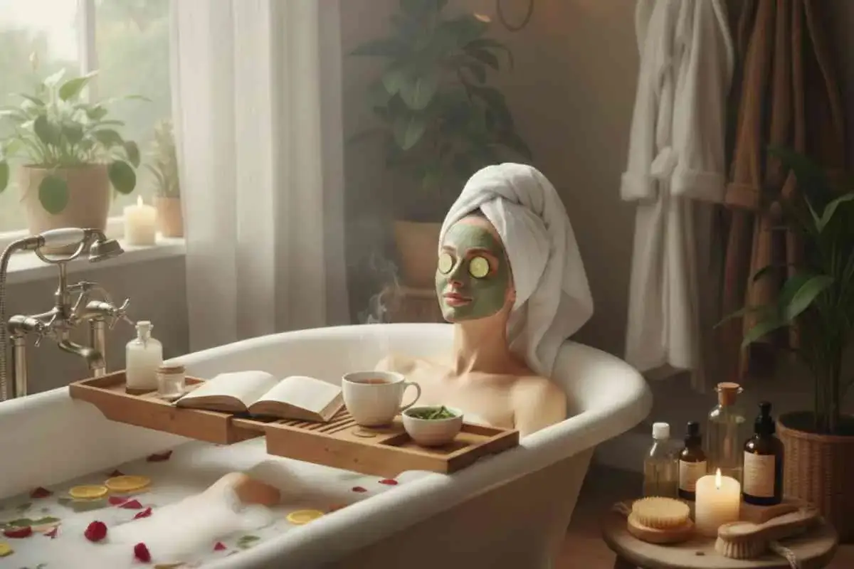Entspannter beauty day zuhause: Frau mit Gesichtsmaske und Gurkenscheiben genießt ein Schaumbad mit Buch und Tee.