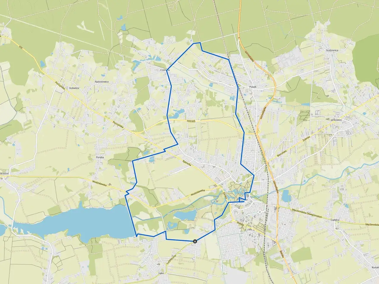 Mapa z zaznaczoną trasą rowerową wokół jeziora goczałkowickiego.