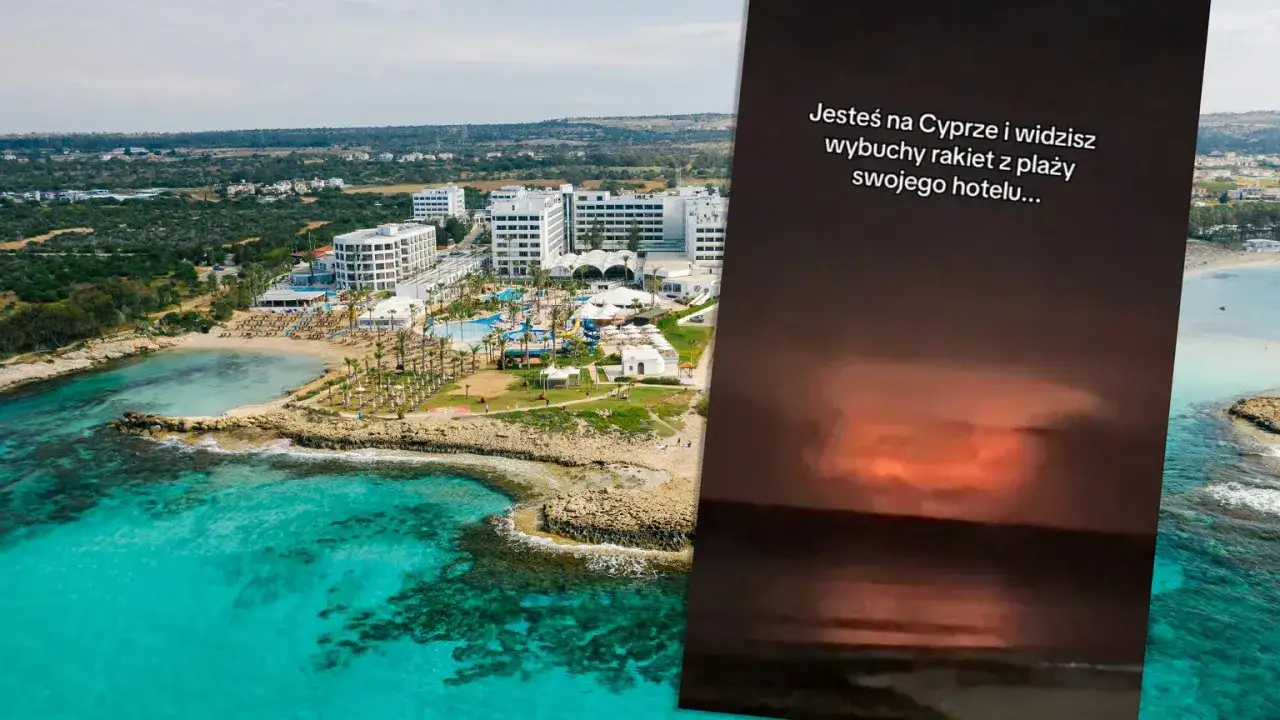 Widok na kurort na Cyprze z turkusową wodą i plażą. W tle tekst: 