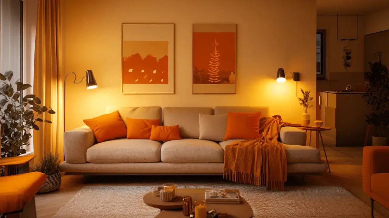 Gemütliches Wohnzimmer mit beigem Sofa, orangefarbenen Kissen und Decke. Die Bilder an der Wand zeigen ebenfalls orangefarbene Motive. Hier sieht man, welche Farbe gut zu Orange passt.