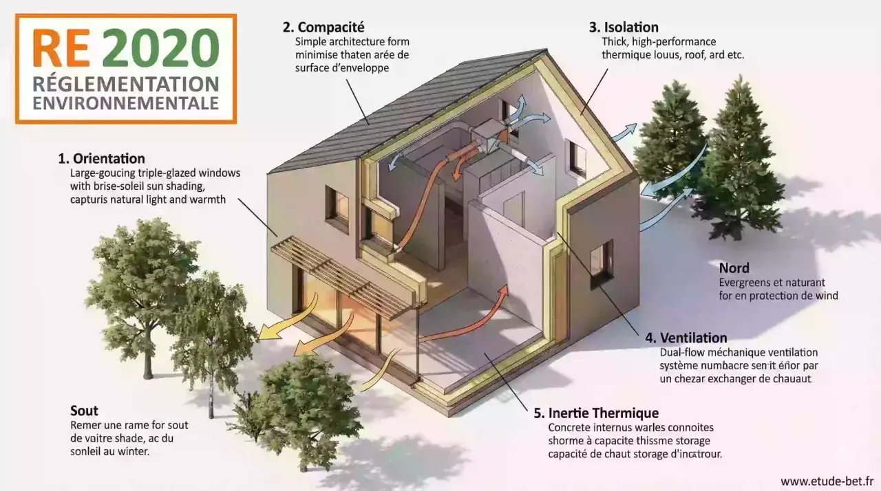 Sch&eacute;ma RE 2020 : orientation, compacit&eacute;, isolation, ventilation et inertie thermique pour un chauffage naturel optimal.