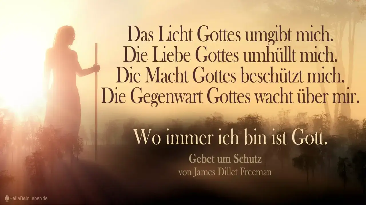 G&ouml;ttliches Licht umgibt mich, wie in Psalm 91:14 beschrieben. Eine Silhouette steht im Licht, umgeben von Nebel und B&auml;umen.