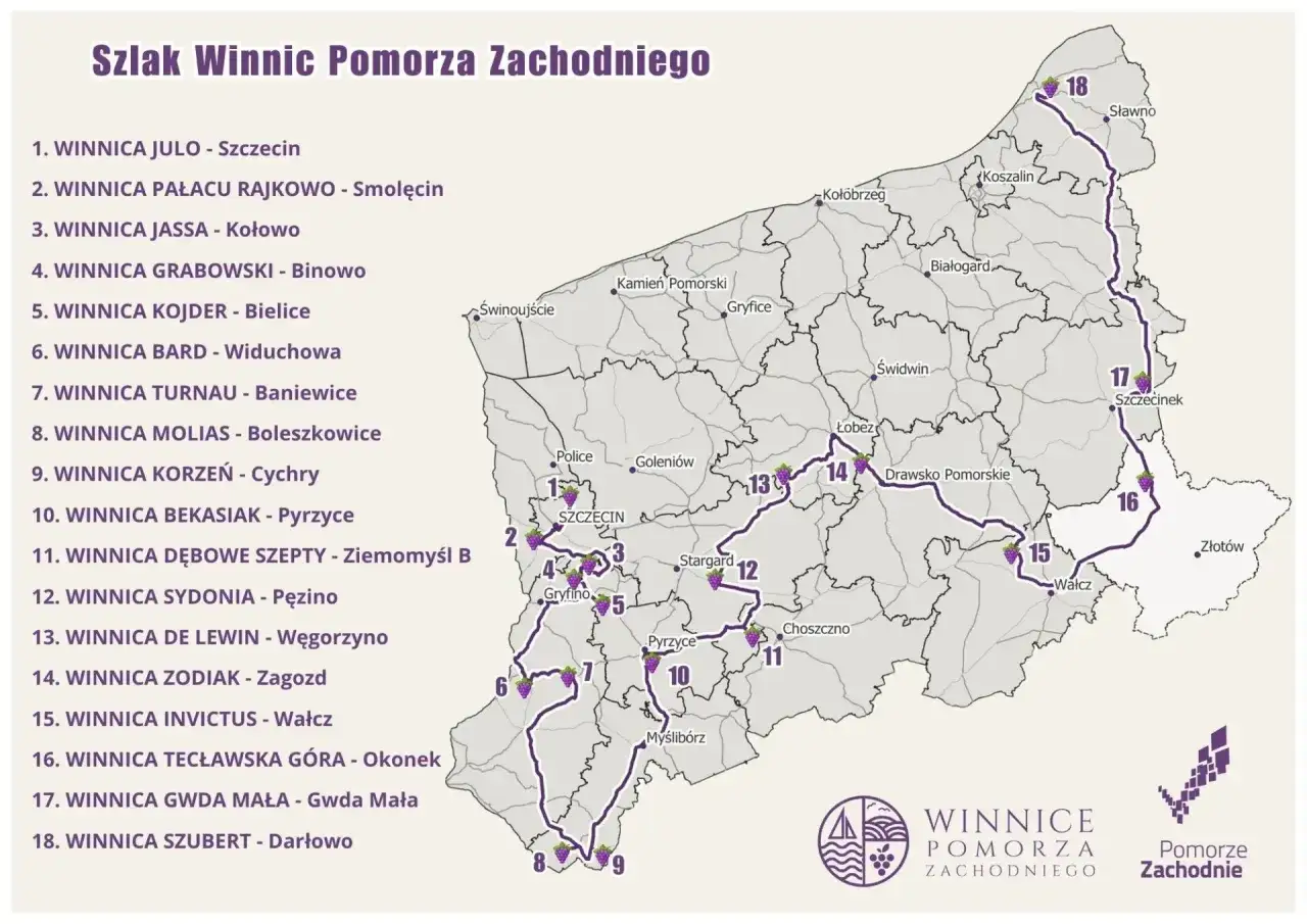 Mapa Szlaku Winnic Pomorza Zachodniego z zaznaczonymi 18 winnicami i trasami.