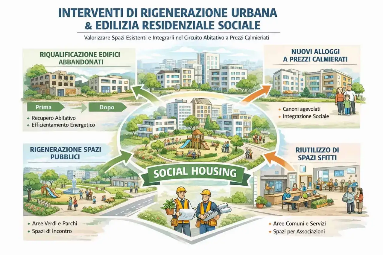 Illustrazione del **piano casa 2026**: riqualificazione edifici, rigenerazione spazi pubblici, nuovi alloggi e riutilizzo spazi sfitti per social housing.