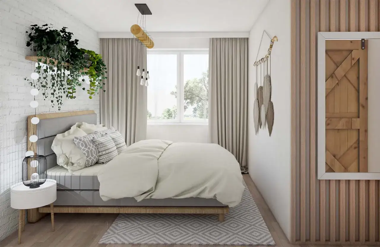 Sypialnia boho z łóżkiem, wiszącymi roślinami i drewnianymi elementami. Jak dobrać kolor karnisza do sypialni w stylu boho? Naturalne materiały i jasne barwy.