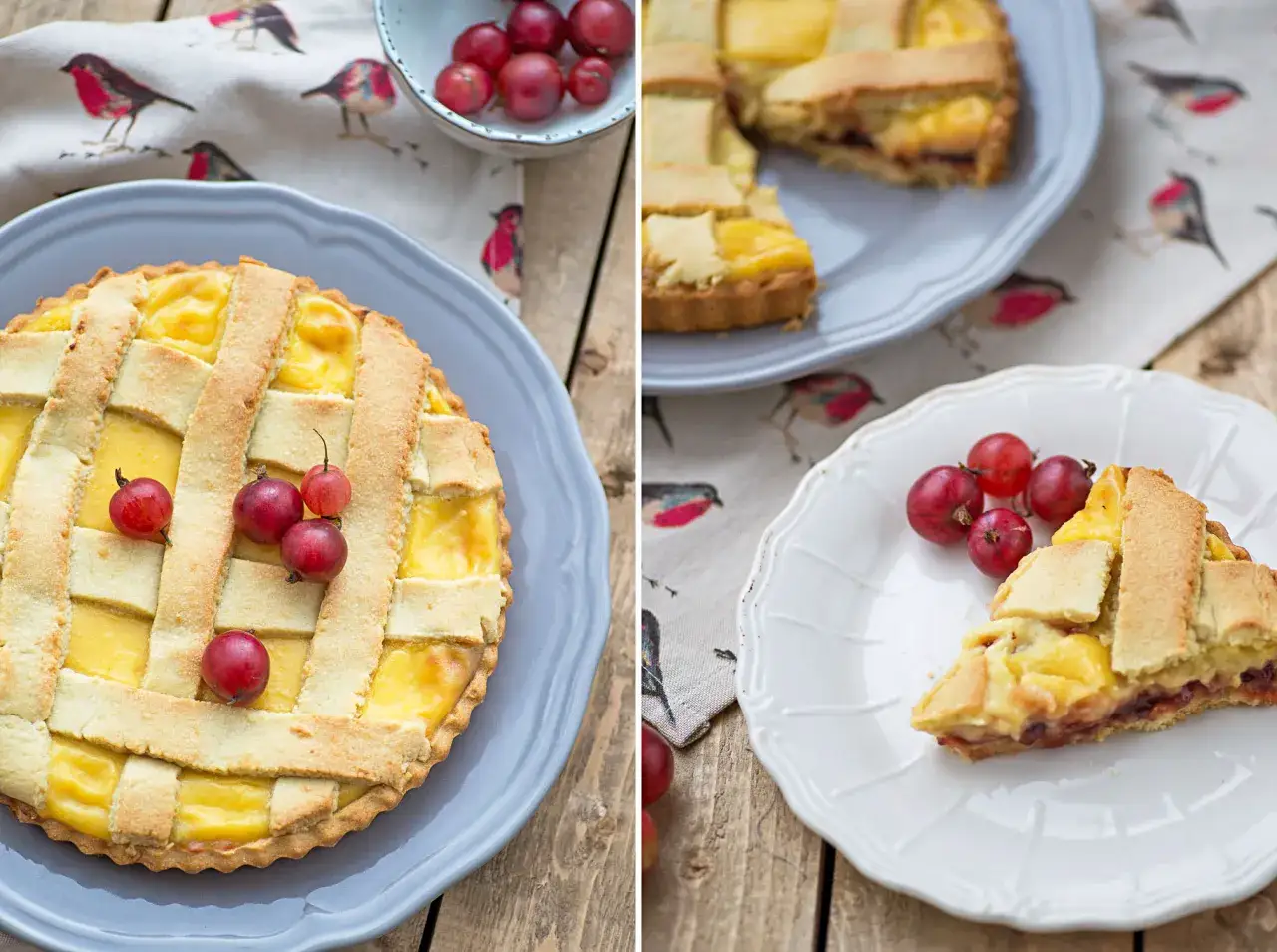 Stachelbeermarmelade mit Vanillecreme und Gittermuster-Tarte. Ein St&uuml;ck Tarte mit roten Beeren.