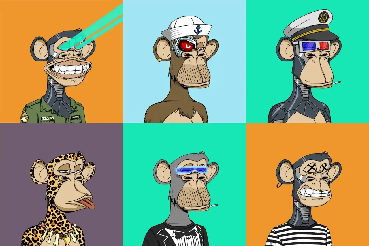 Sechs Affen-Avatare im Stil des NFT Yacht Club: ein Soldat mit Laseraugen, ein Seemann mit Cyborg-Auge, ein Kapitän mit 3D-Brille, ein Leopardendruck-Affe, ein Affe im Smoking und ein gestreifter Affe.