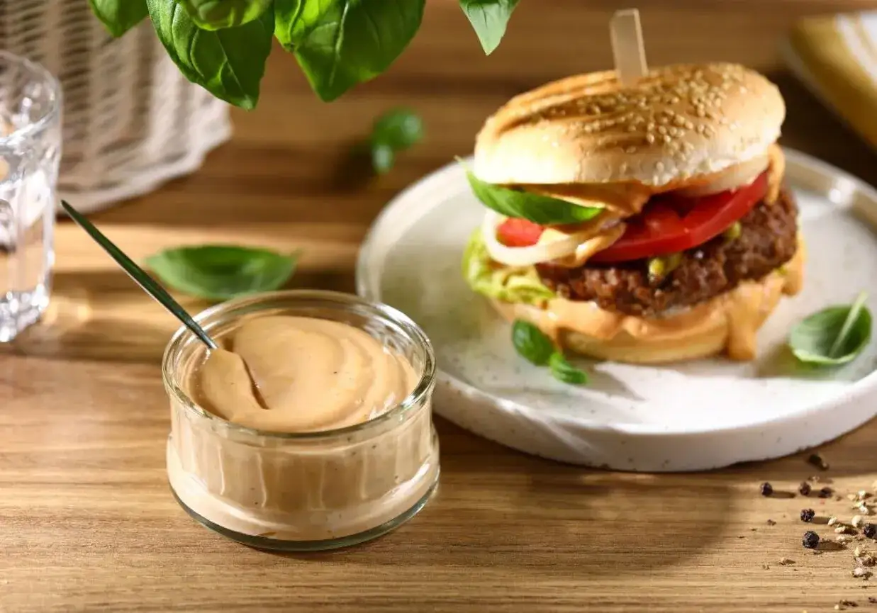 Pyszny sos do burgera w słoiczku, obok apetycznego burgera z dodatkami. Idealny do każdej kanapki.