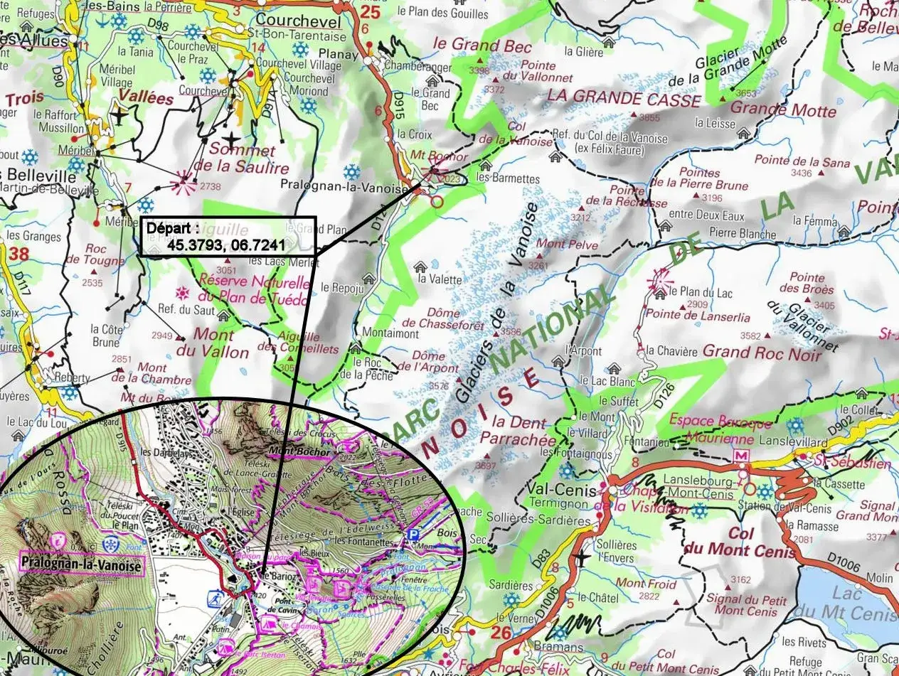 Carte du parc de la Vanoise avec le départ indiqué à Aiguille. Les coordonnées GPS sont visibles.