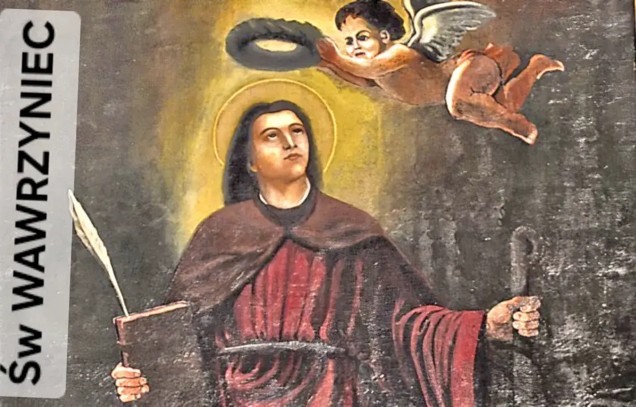 Św. Wawrzyniec z aniołkiem niosącym wieniec. Święty trzyma księgę i pióro.