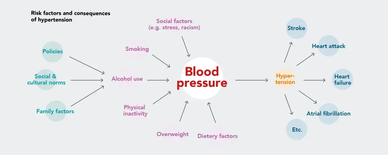 Diagram pokazuje, że alkohol podnosi ciśnienie, co może prowadzić do nadciśnienia, udaru, zawału i innych problem&oacute;w.