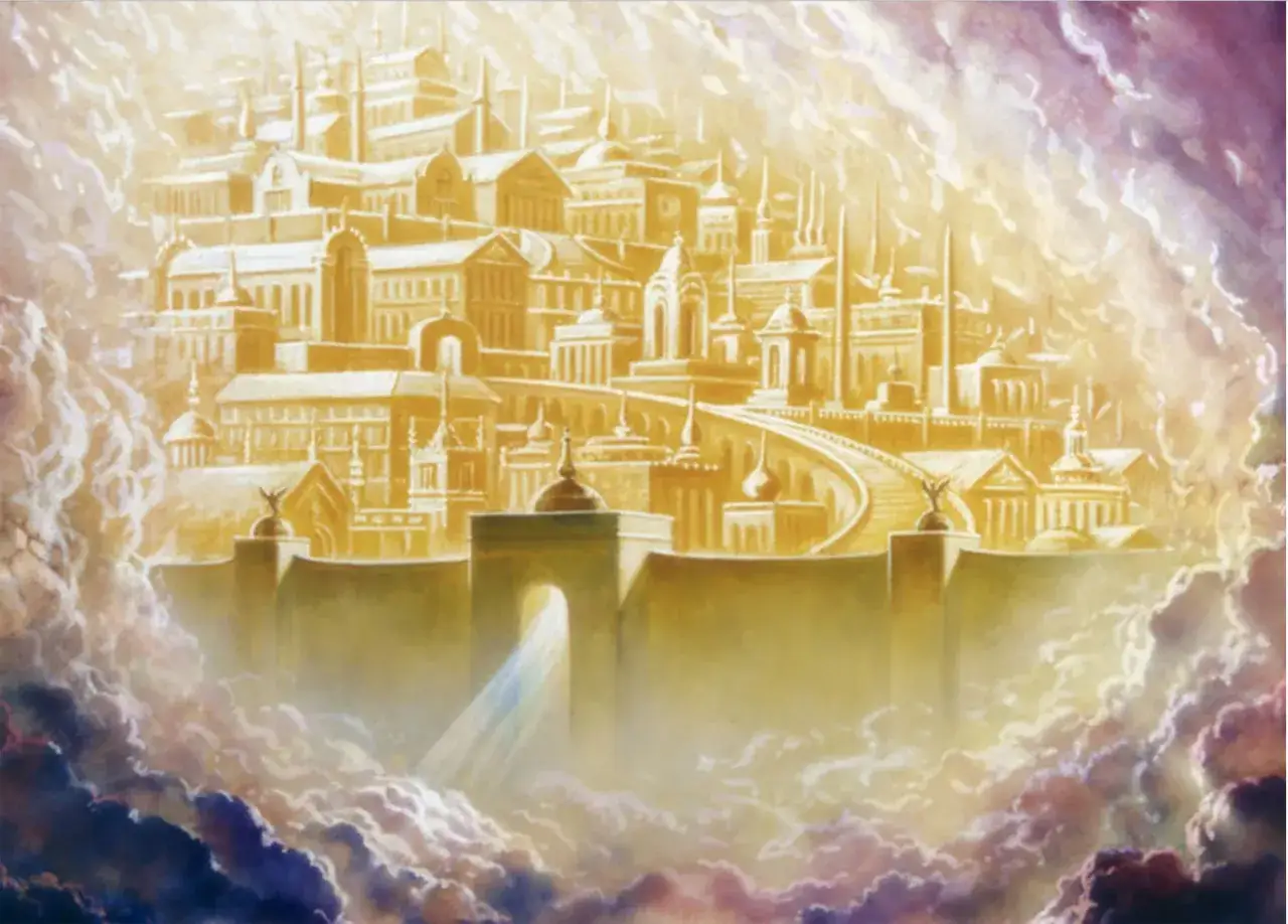 Göttliche Stadt im Himmel, umgeben von Wolken. Ein Lichtstrahl fällt durch ein Tor. Psalm 46:5: Gott ist in ihrer Mitte, sie wird nicht wanken.