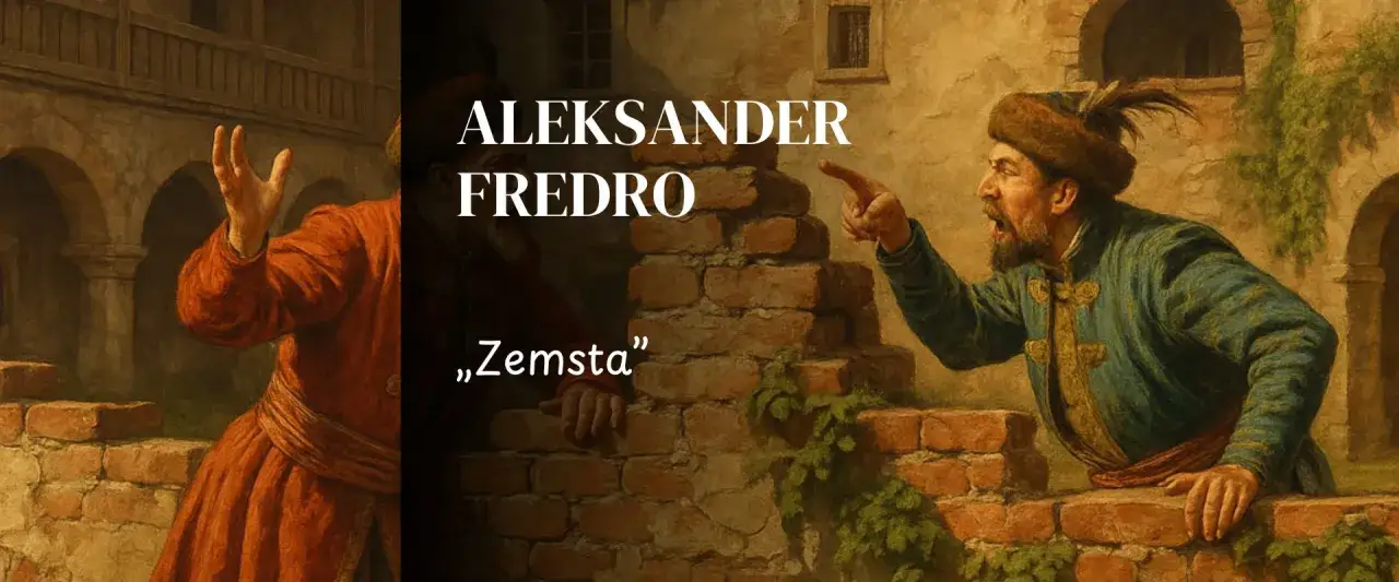 Dwóch mężczyzn w strojach z epoki kłóci się na tle muru. Jeden wskazuje palcem, drugi gestykuluje. Aleksander Fredro,