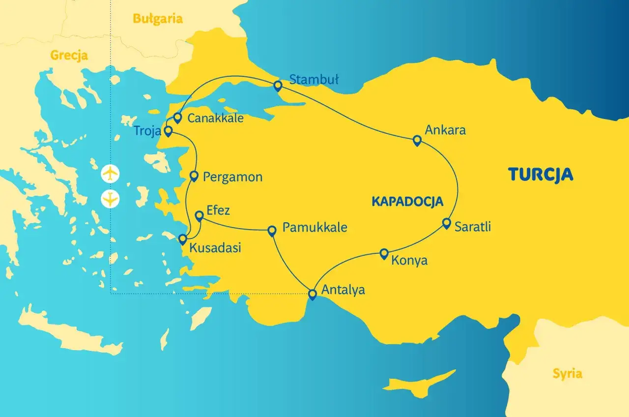 Mapa pokazuje trasę wycieczki po Turcji, od Stambułu po Kapadocję, z zaznaczonymi miastami jak Efez i Antalya. Zastanawiasz się, ile się leci do Turcji?