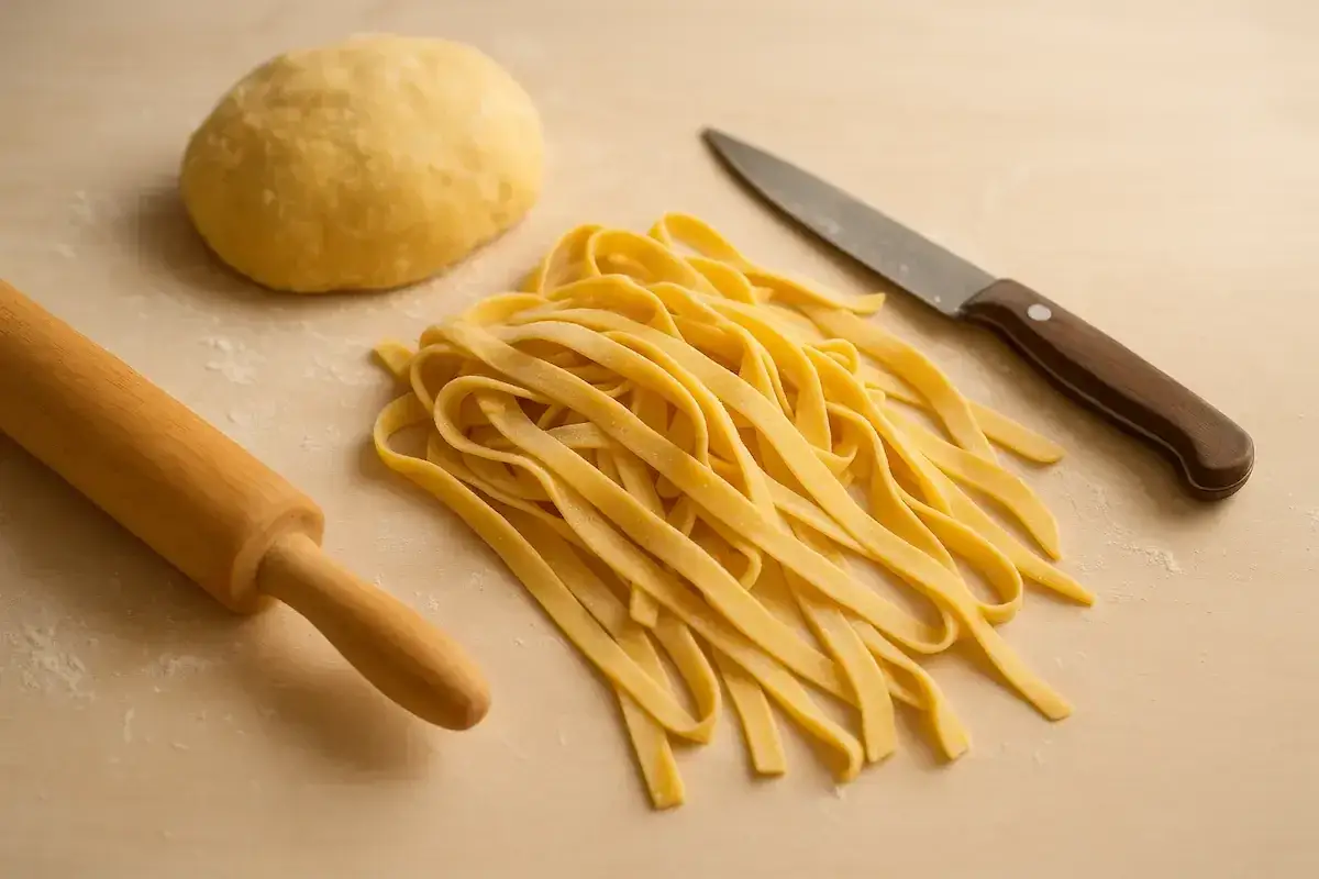 Masa de harina lista para hacer pasta fresca, junto a un rodillo, un cuchillo y la pasta ya cortada.