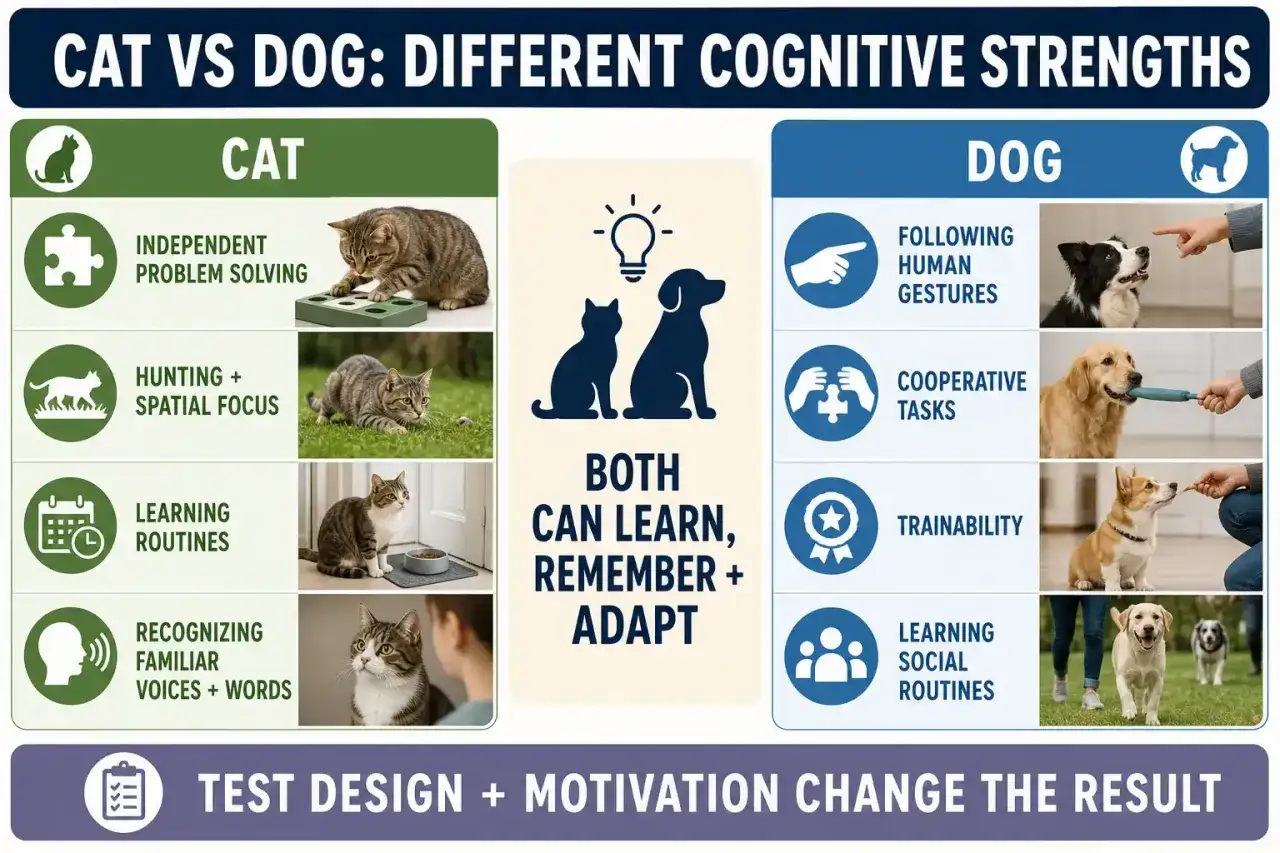 Cats excel at independent problem-solving, while dogs are better at following human gestures. Both learn, remember, and adapt, but are cats smarter than dogs?