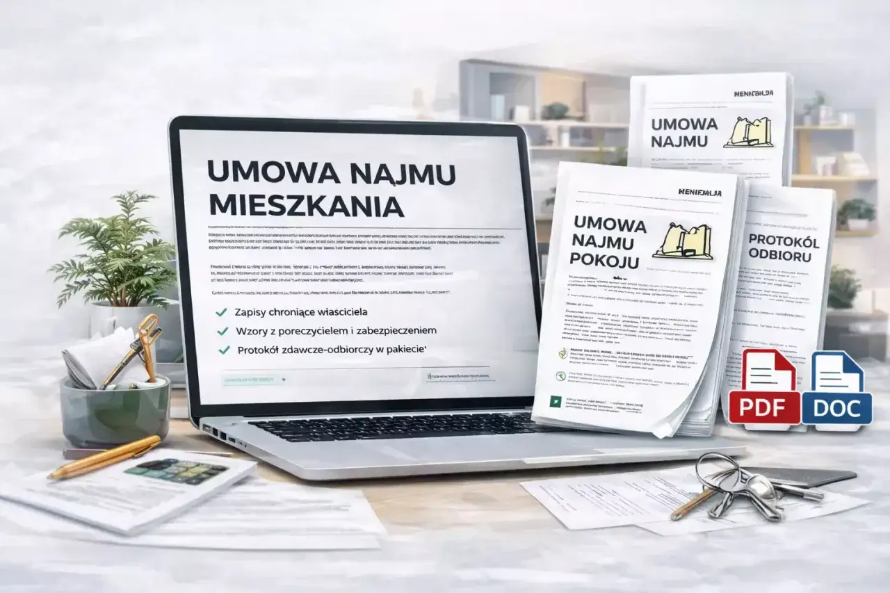 Laptop z umową najmu mieszkania, obok dokumenty: umowa najmu pokoju, protokół odbioru. Klucze i długopis symbolizują jak wygląda wynajem mieszkania.