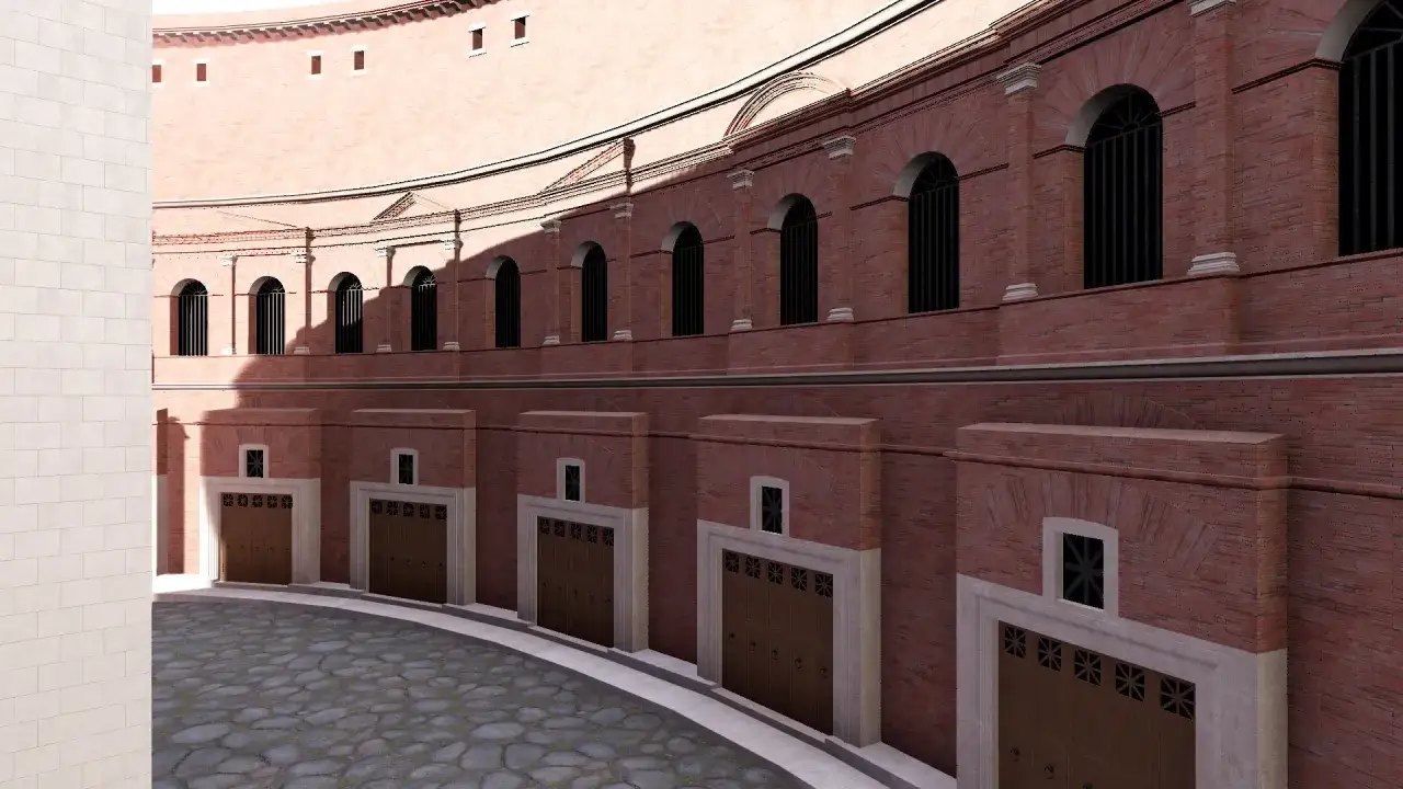 Les march&eacute;s de Trajan, une structure de briques rouges avec des arches et des portes en bois, s'&eacute;tendent en courbe sur une place pav&eacute;e.