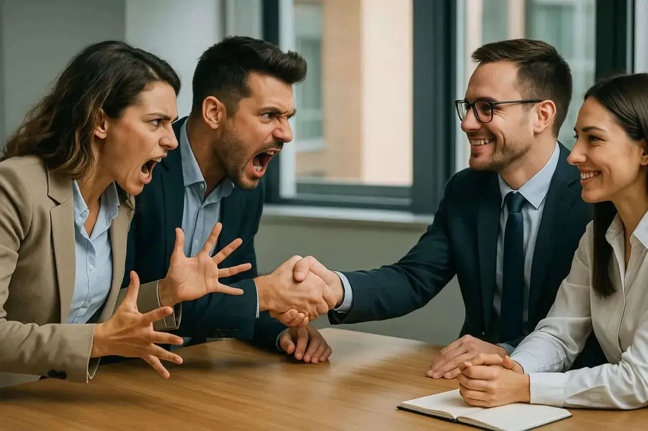 Due persone urlano e gesticolano mentre altre due si stringono la mano, mostrando una efficace gestione dei conflitti in un ambiente lavorativo.