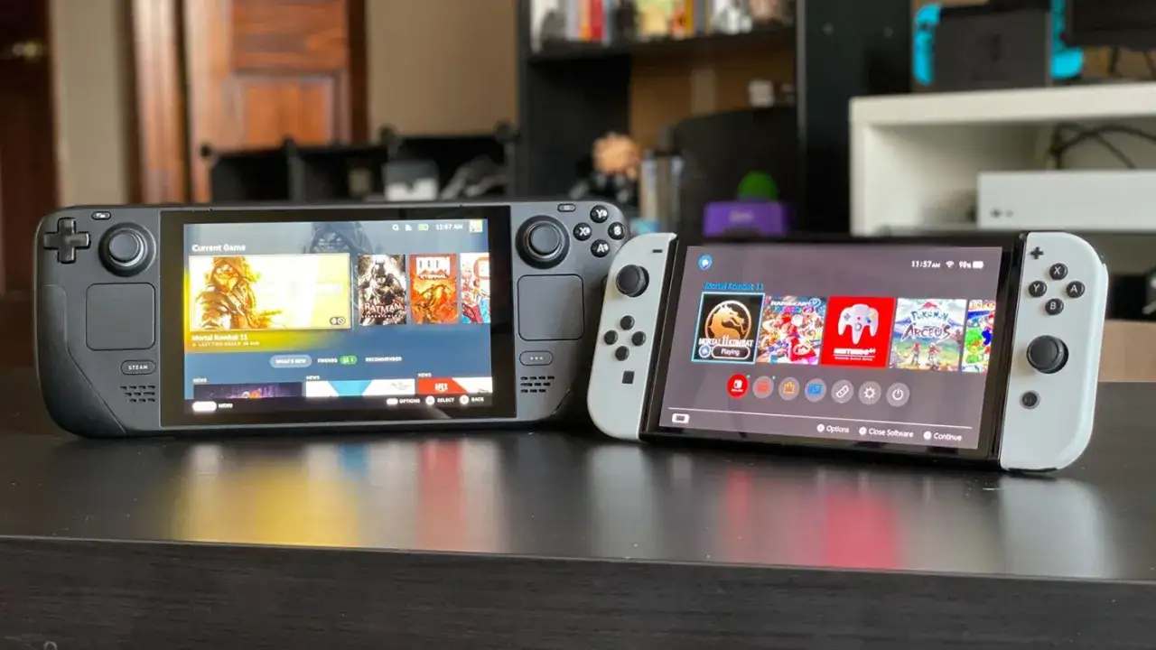 Steam Deck i Nintendo Switch OLED obok siebie, prezentujące gry.