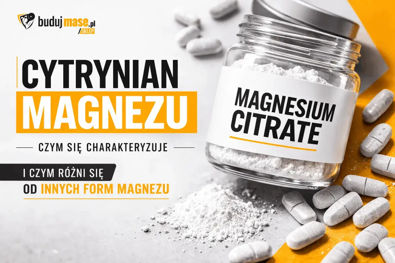 Słoik z cytrynianem magnezu i tabletkami. Informacje o suplementacji magnezu i jego formach.