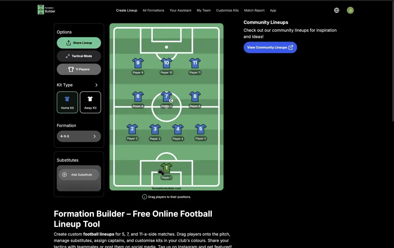 Erstelle deine eigene Fußball Aufstellung mit diesem Tool. Wähle Formation, Trikots und Spielerpositionen.