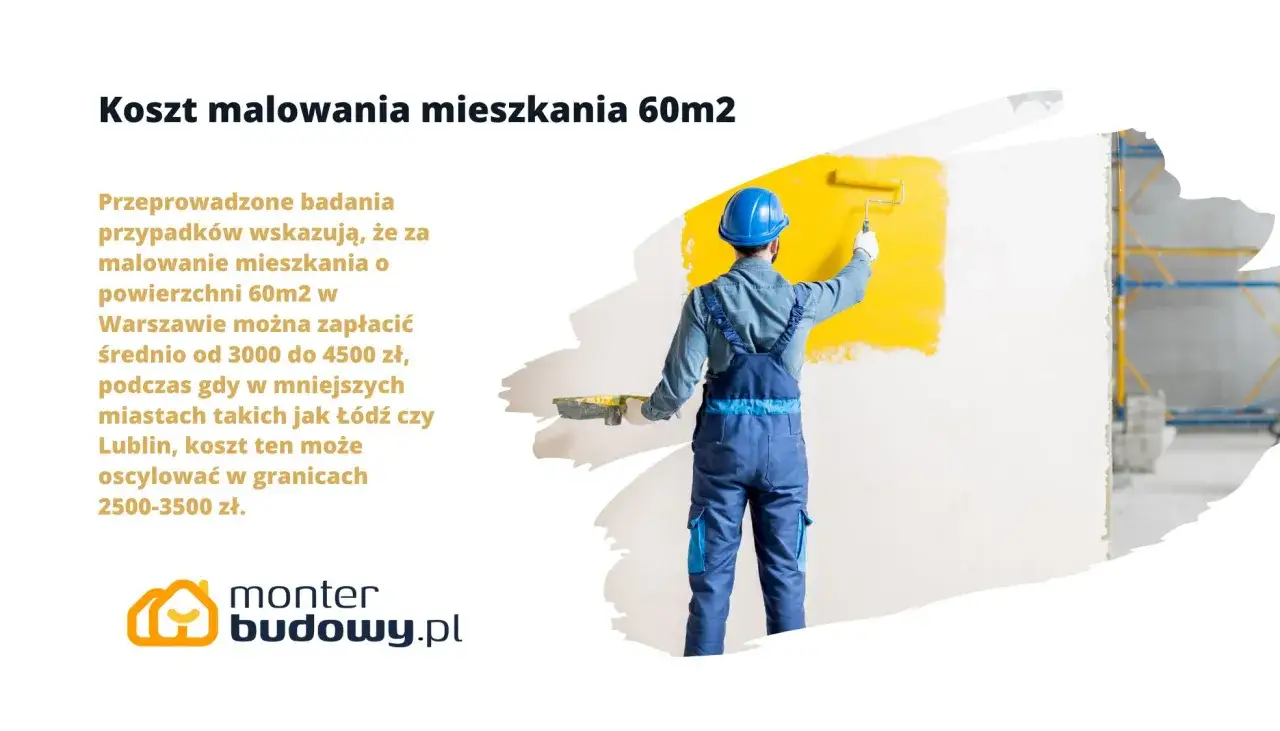 Malowanie mieszkania 60m2 w Warszawie kosztuje średnio 3000-4500 zł, w mniejszych miastach cena jest niższa.