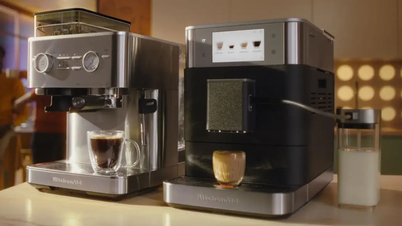 Tv&aring; KitchenAid-maskiner f&ouml;rbereder kaffe. En brygga espresso i en glasburk, den andra en latte.