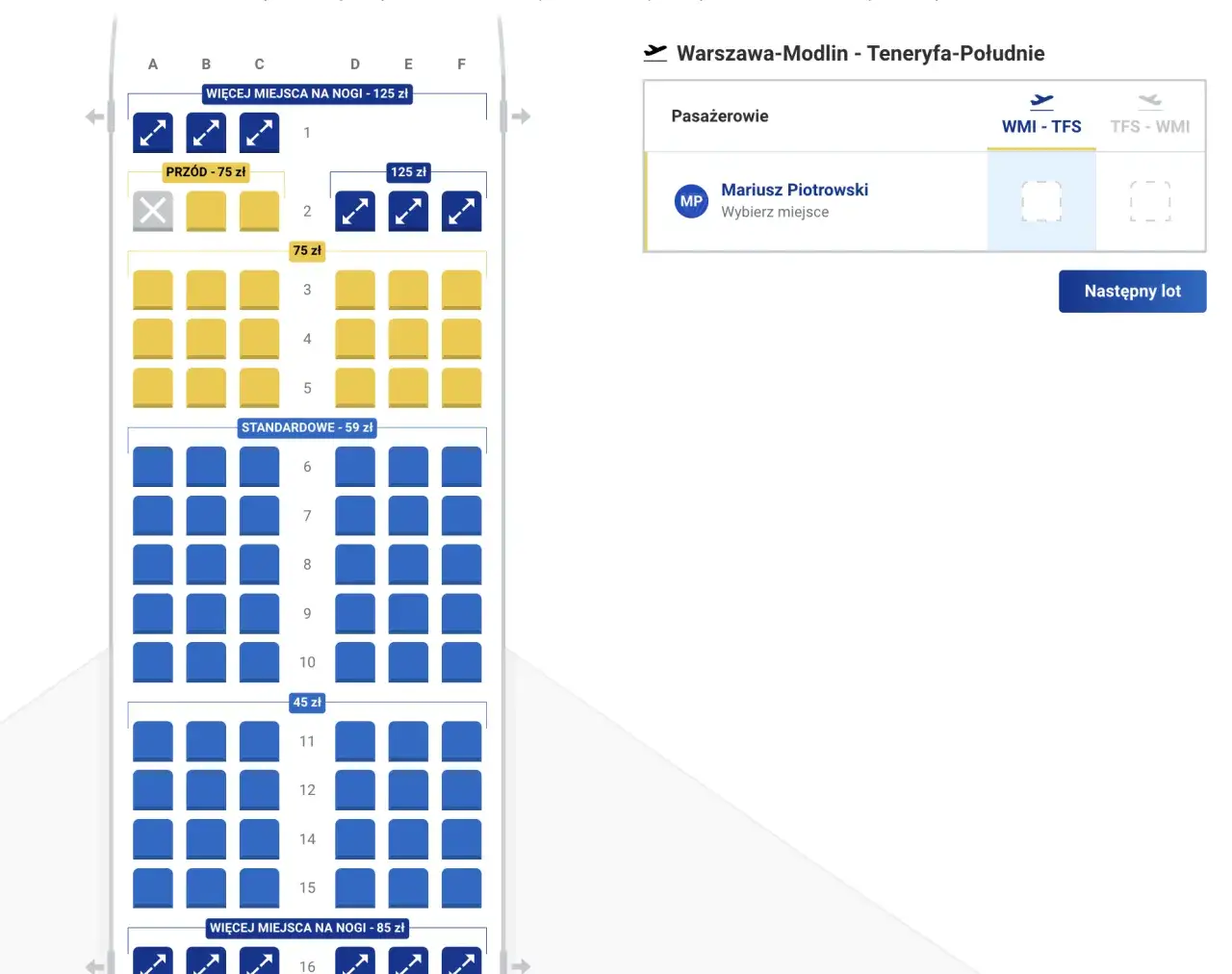 Ryanair wybór miejsca w samolocie ekran