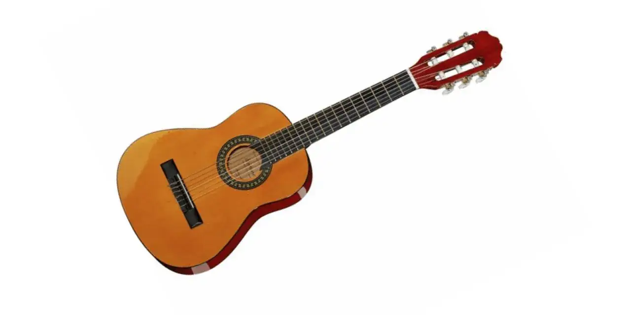 Eine klassische Gitarre mit hellem Holzkorpus und rotem Kopf. Die Gitarre 1 8 ist bereit für musikalische Abenteuer.
