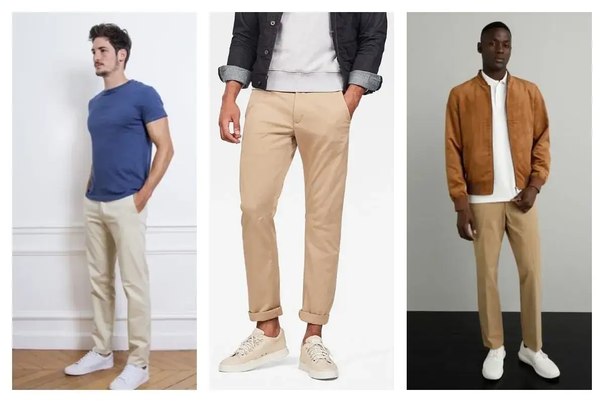 Trois hommes portent des tenues décontractées avec une chaussure et un chino.
