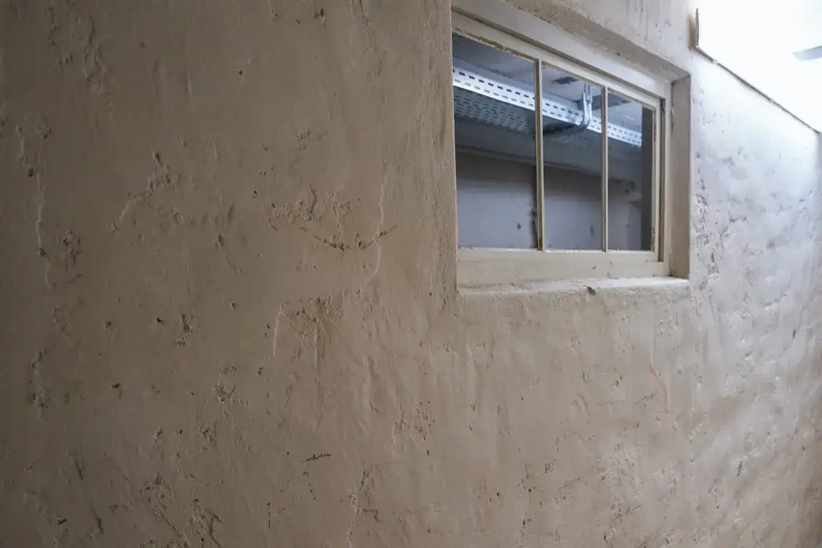 Rauer Putz im Keller eines Altbaus, bereit zum Streichen. Ein Fenster gibt den Blick auf Kabeltrassen frei.