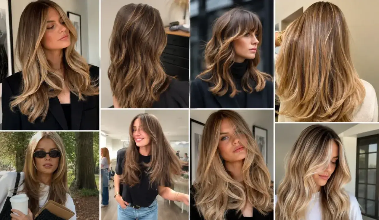 Kobiety z fryzurami baleyage blond, z subtelnymi pasemkami i falowanymi włosami, prezentujące różne odcienie blondu i brązu.