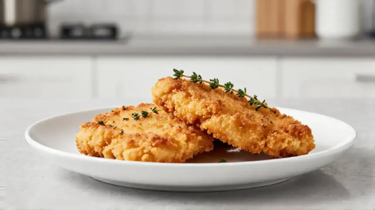 Due cotolette dorate e croccanti, preparate in friggitrice ad aria, guarnite con rametti di timo fresco su un piatto bianco.