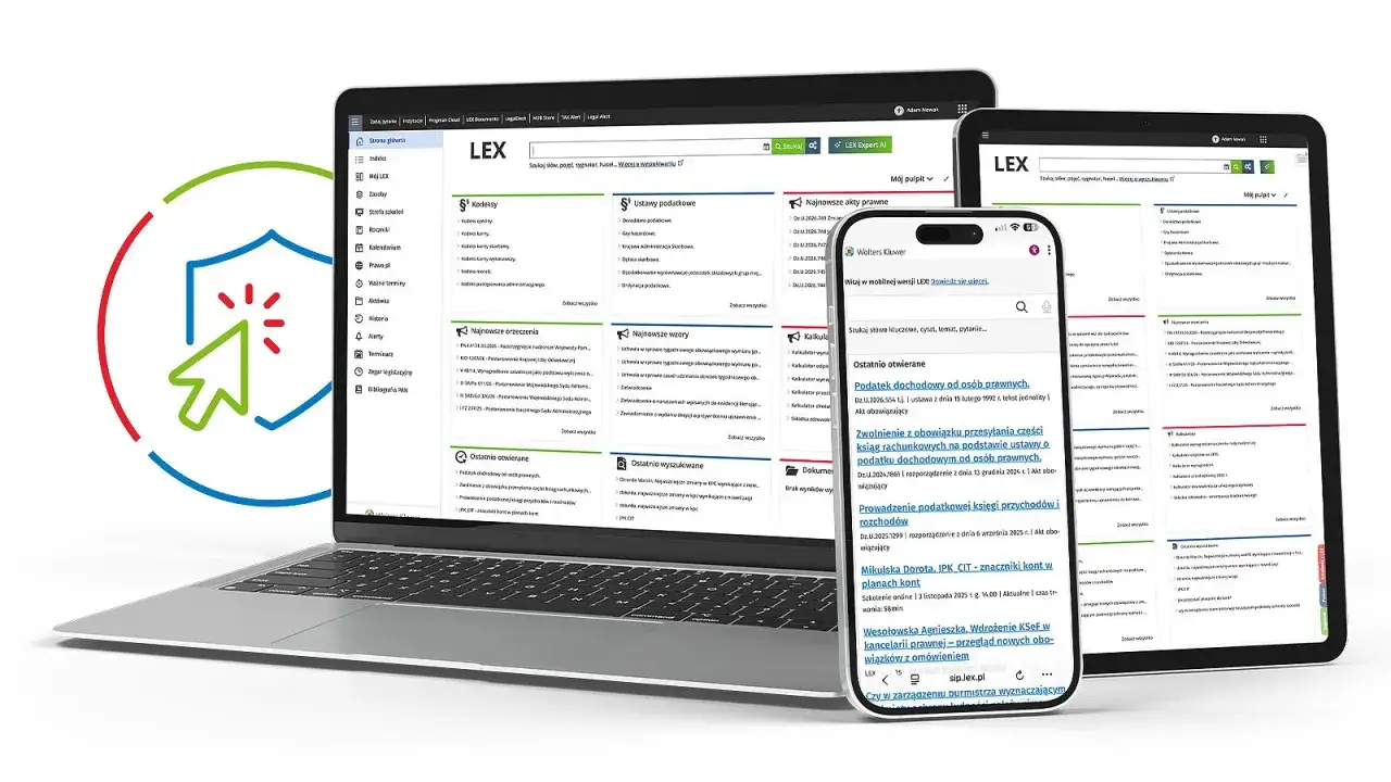 Ekran laptopa, tabletu i telefonu z widokiem na portal prawniczy LEX. Widoczny jest m.in. **regulamin** i wyszukiwarka.