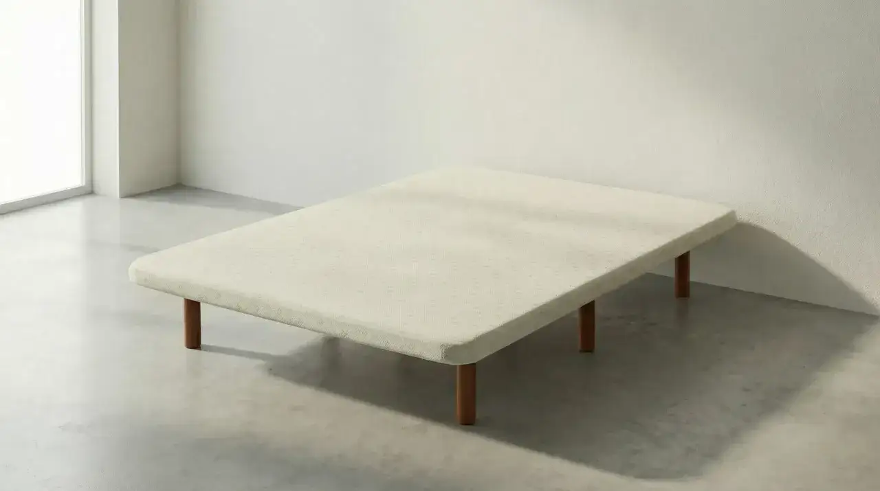 Base tapizada de color crema con patas de madera. Un lugar tranquilo para descansar, sin que la base tapizada haga ruido.