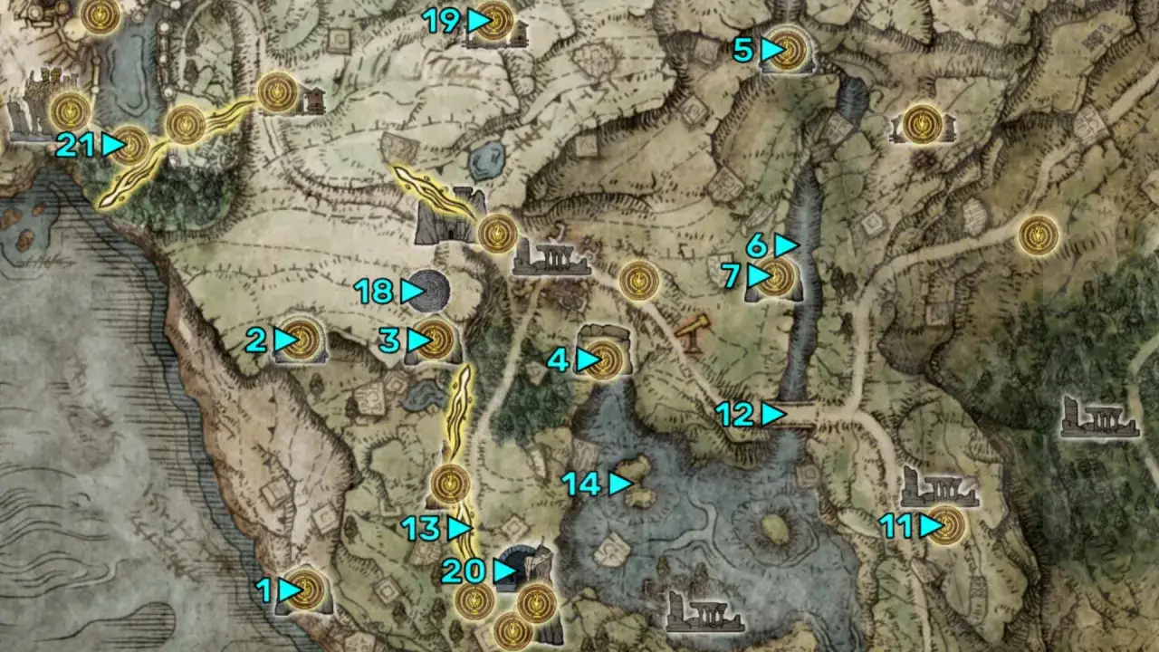 Karte von Elden Ring mit markierten Orten. Eine gute Elden Ring Bewertung ber&uuml;cksichtigt diese Orte.