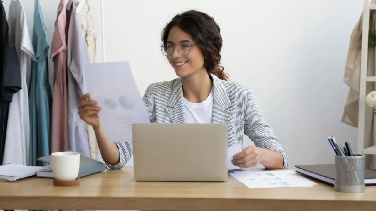 Donna sorridente analizza grafici, un laptop aperto e abiti appesi sullo sfondo. Scopri e-commerce manager come diventare.